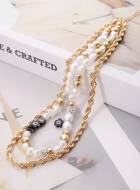 欧美时尚百搭双层麻花项链不规则珍珠拼接锁骨链女