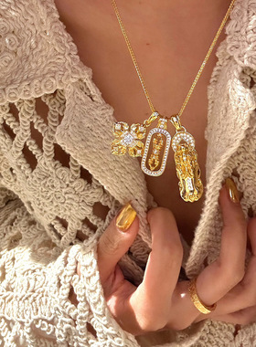 韦雪同款金刚杵貔貅项链 新中式葫芦 镶钻铜钱叠戴金色坠链女