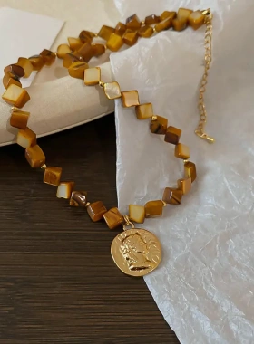 欧美复古人像花纹菱形贝壳珠项链女小众气质锁骨链轻奢高级感项饰