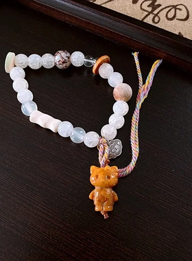 复古爆花琉璃串珠平安锁小猫手链时尚百搭手串新中式甜美气质手饰