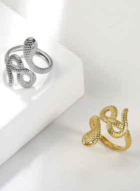 欧美饰品蛇形戒指男女ins小众设计圆头蛇鳞片穷形开口戒指