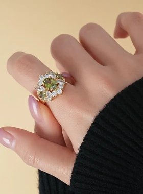 橄榄绿锆石椭圆花朵开口戒指轻奢宫廷风食指戒复古百搭高级感耳饰