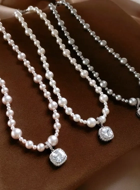 方形锆石吊坠串珠珍珠款项链复古百搭锁骨链法式气质高级感项饰女
