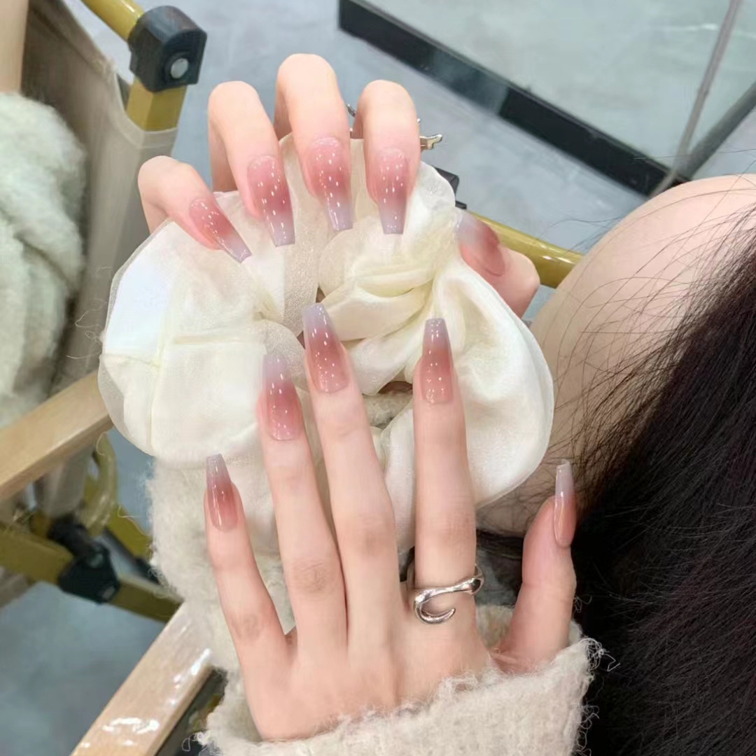 春夏长款手工穿戴甲工厂腮红渐变灰美甲甲片成品穿戴式指甲贴