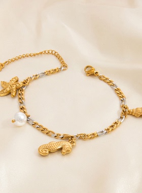 欧美海星淡水珍珠不锈钢手链不掉色18K金串珠饰品女