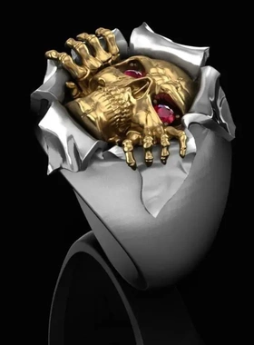 热卖新款欧美骷髅头戒指复古裂纹鬼头戒指摇滚镶红宝石男士指环