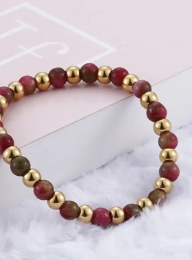 日韩时尚简约人造石榴石串珠钛钢男女通用伸缩小众金色手链