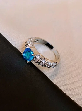 海蓝圆弧方形锆石开口戒指精致时级感食指戒气质轻奢风手饰品