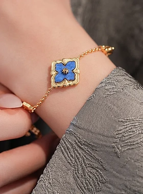 真金电镀菱形镂空锆石花朵贝母手链时尚宫廷风手环复古高级感耳饰