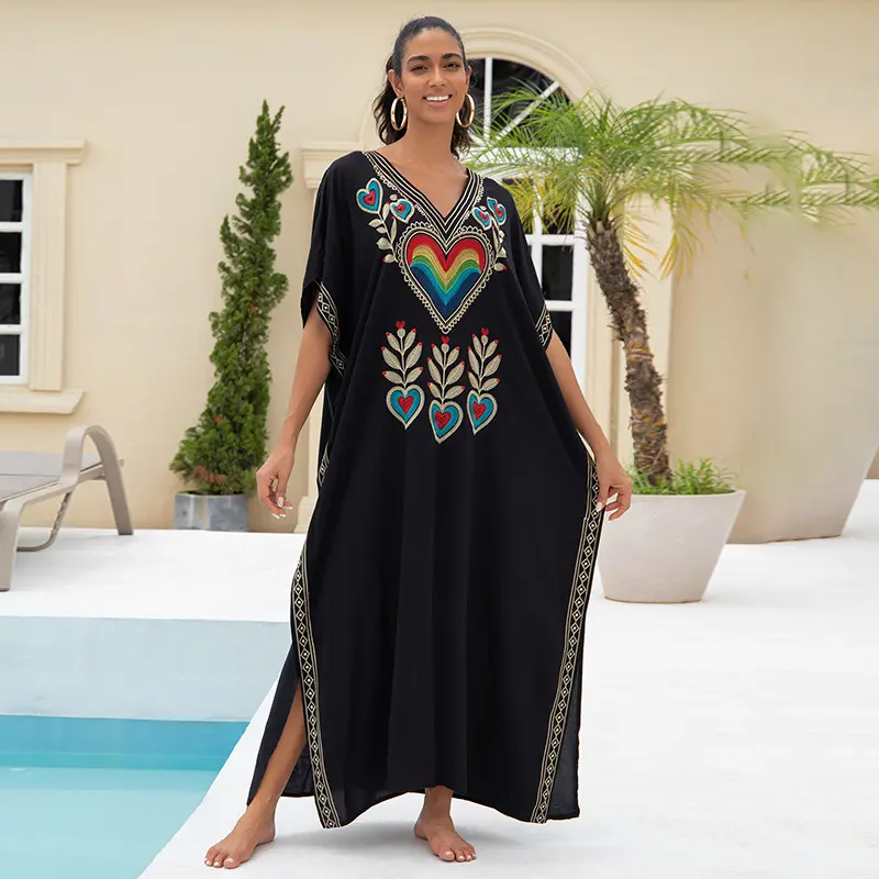 2024新款欧美棉刺绣宽松大码女长裙度假沙滩连衣裙防晒比基尼罩衫