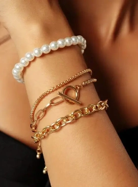 欧美饰品 朋克简约叠戴金属链混搭仿珍珠手饰 时尚手链套装女