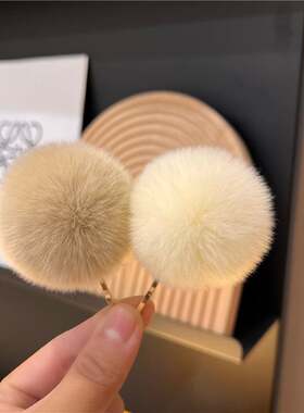 真獭兔毛球球一字夹发夹毛绒球波浪夹小夹子头饰少女边夹发卡发饰