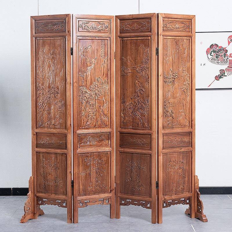 中式仿古隔断客厅办公室玄关实木折屏移动折叠屏风香樟木浮雕遮挡