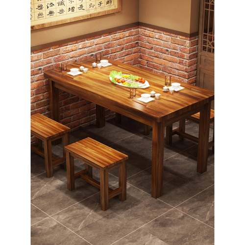 新品实木饭店食堂烧烤火锅桌子碳化快餐桌椅组合小吃店餐桌快餐面