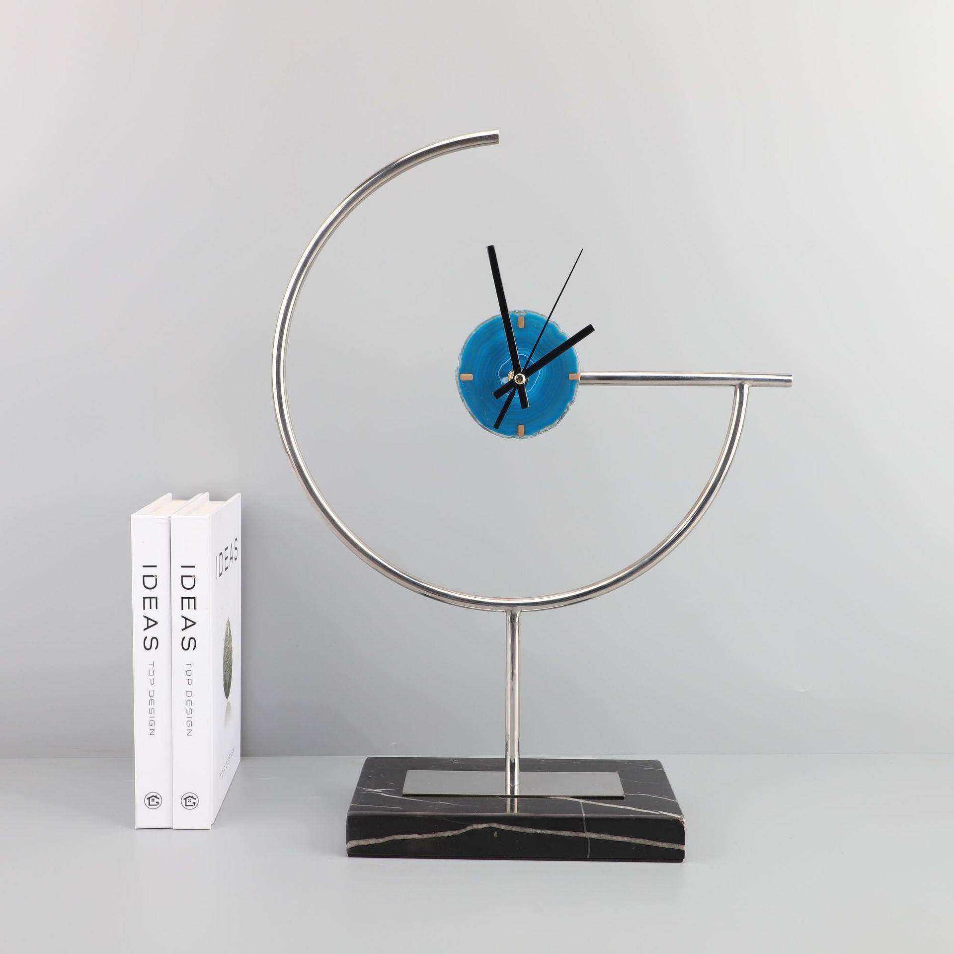 新中式金属大理石时钟摆件样板房卧室书房客厅电视柜桌面软装饰品