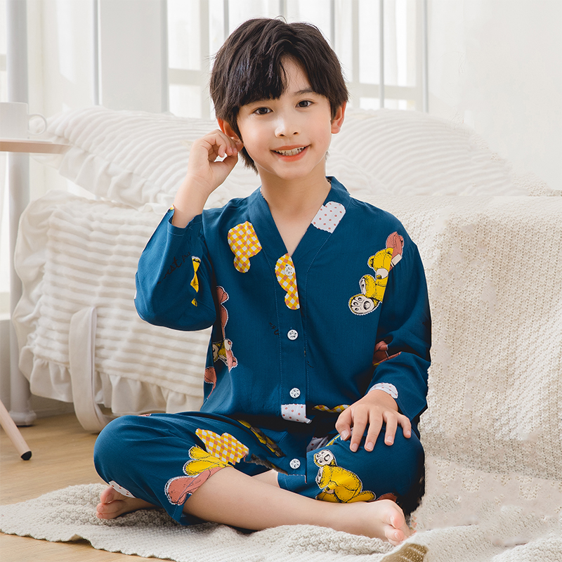 儿童睡衣男孩开衫长袖棉绸男童宝宝空调薄款夏装东方绵绸居家套装