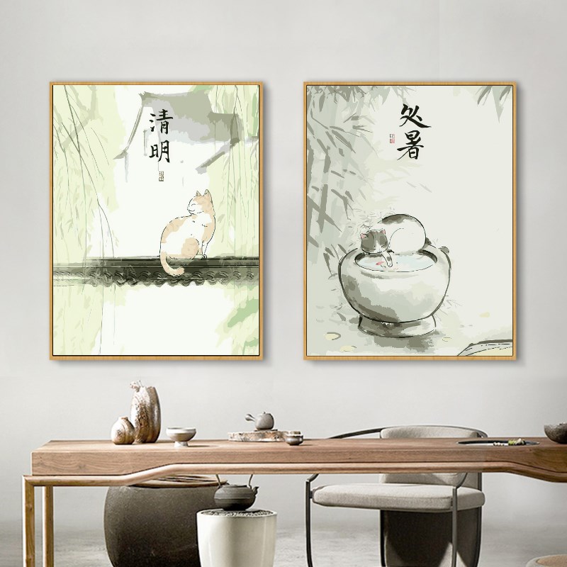 中式背景墙壁画萌宠猫咪壁画节气卡通儿童房装饰画二十四节气挂画图片