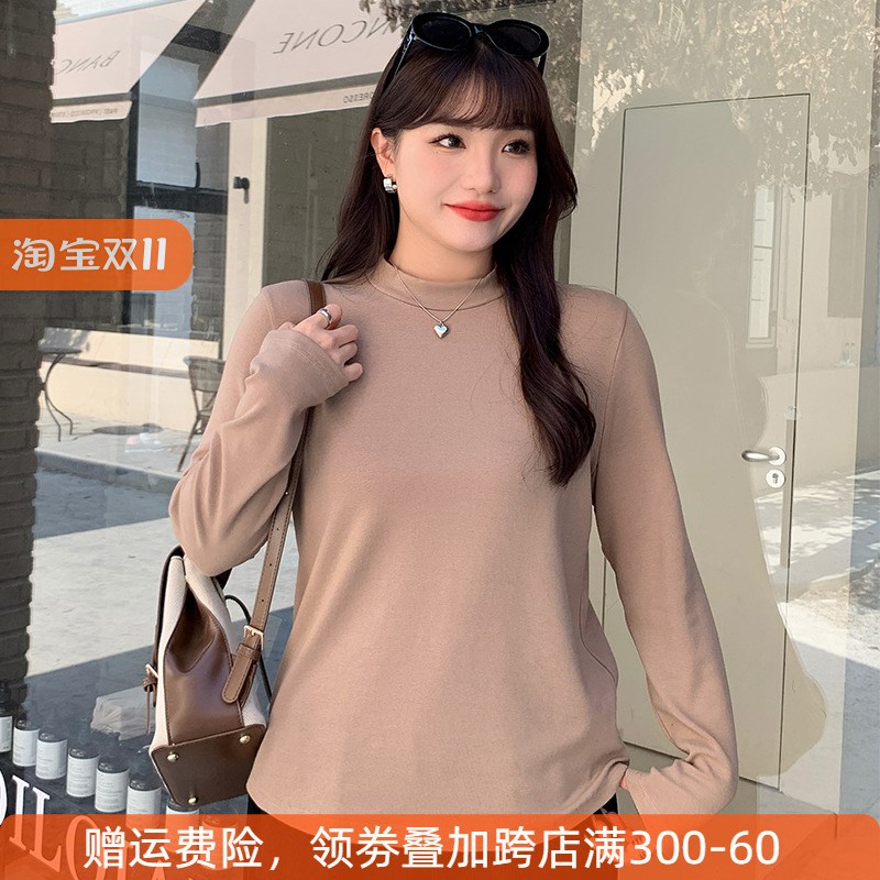 大码打底衫女2024新款秋冬女装刷绒宽松遮肚子显瘦胖mm洋气针织衫