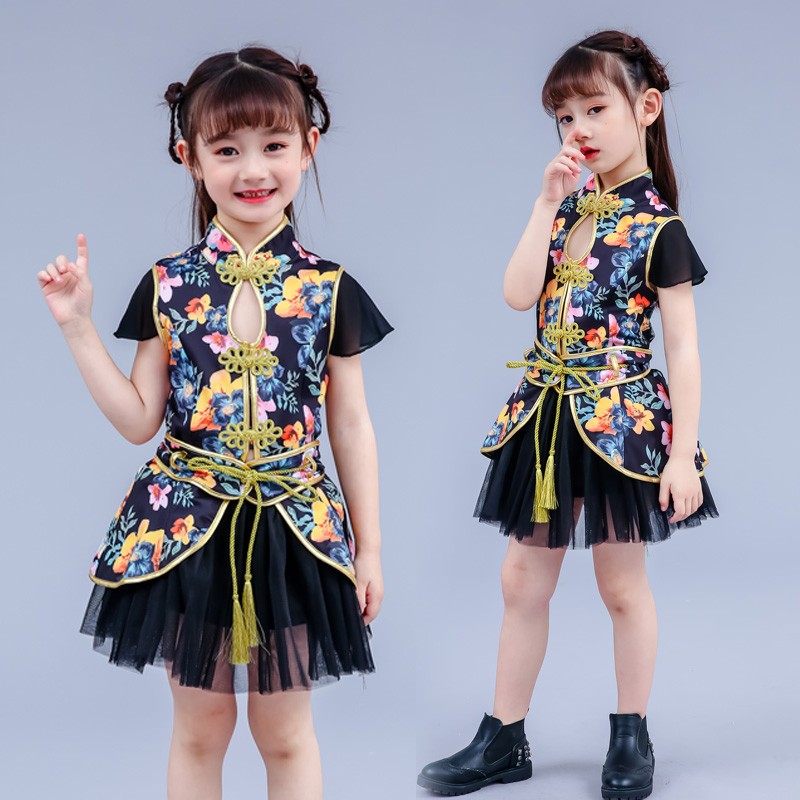 儿童演出服女童复古旗袍中国风走秀蓬蓬裙幼儿表演服爵士舞蹈套装