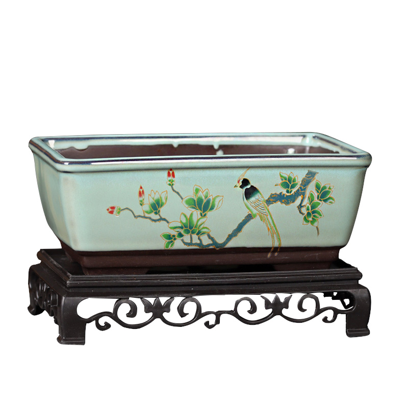 多肉花盆陶瓷马槽长方形紫砂盆景绿植盆栽室内底座托盘中国风摆件