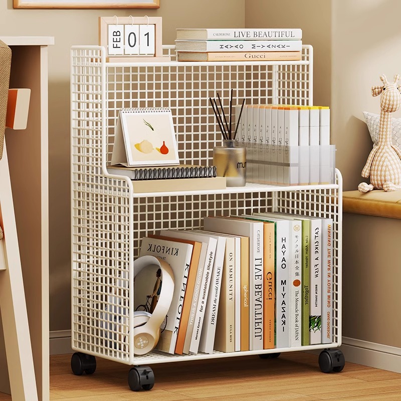 可移动书箱桌边书本收纳箱放书籍箱子双层落地小推车带滑轮储物筐