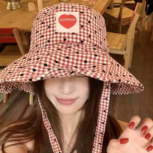 爱心格纹渔夫帽女夏季日系甜美｜