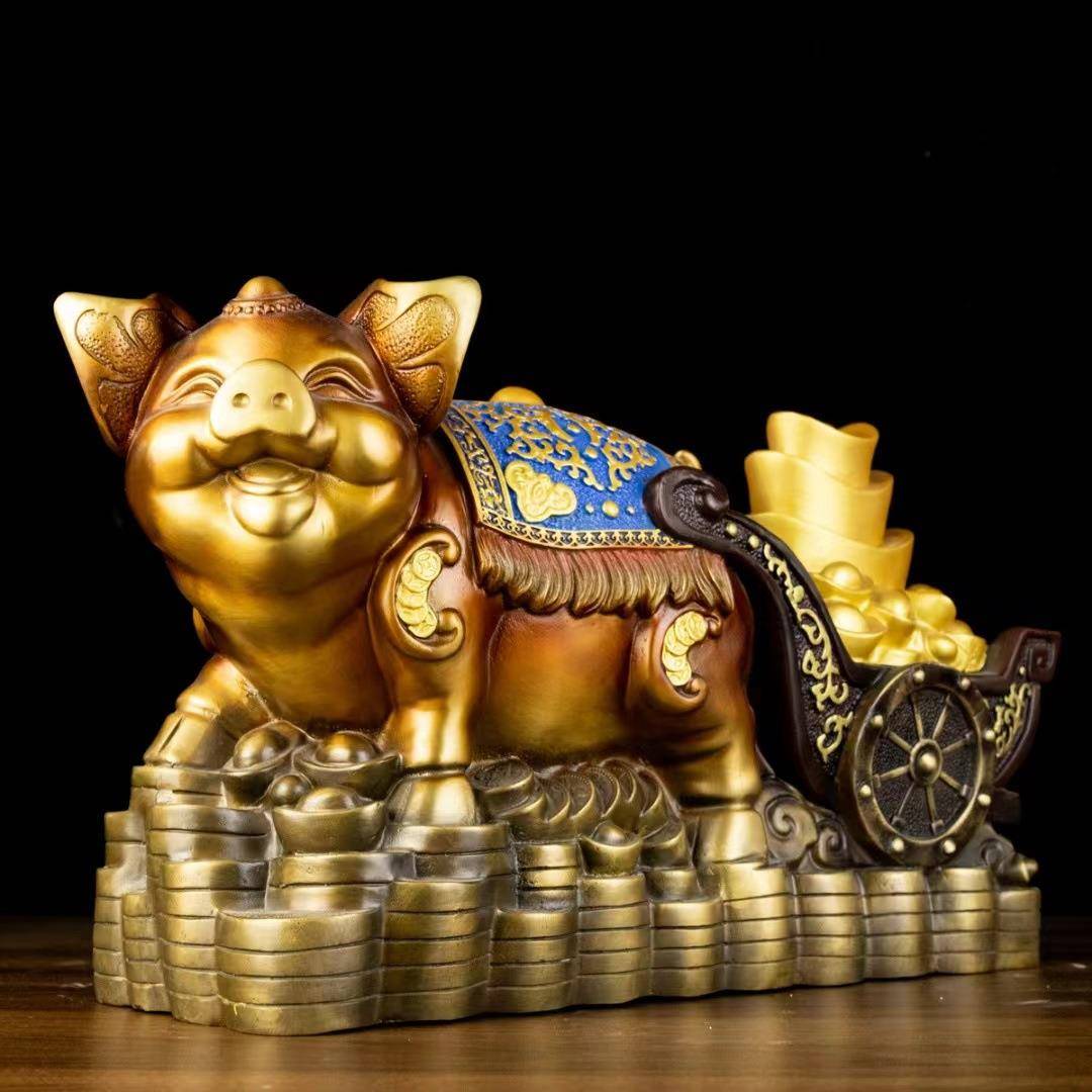 彩绘铜猪摆件全铜福猪家居玄关大号生肖猪门店前台猪拉元宝金钱猪