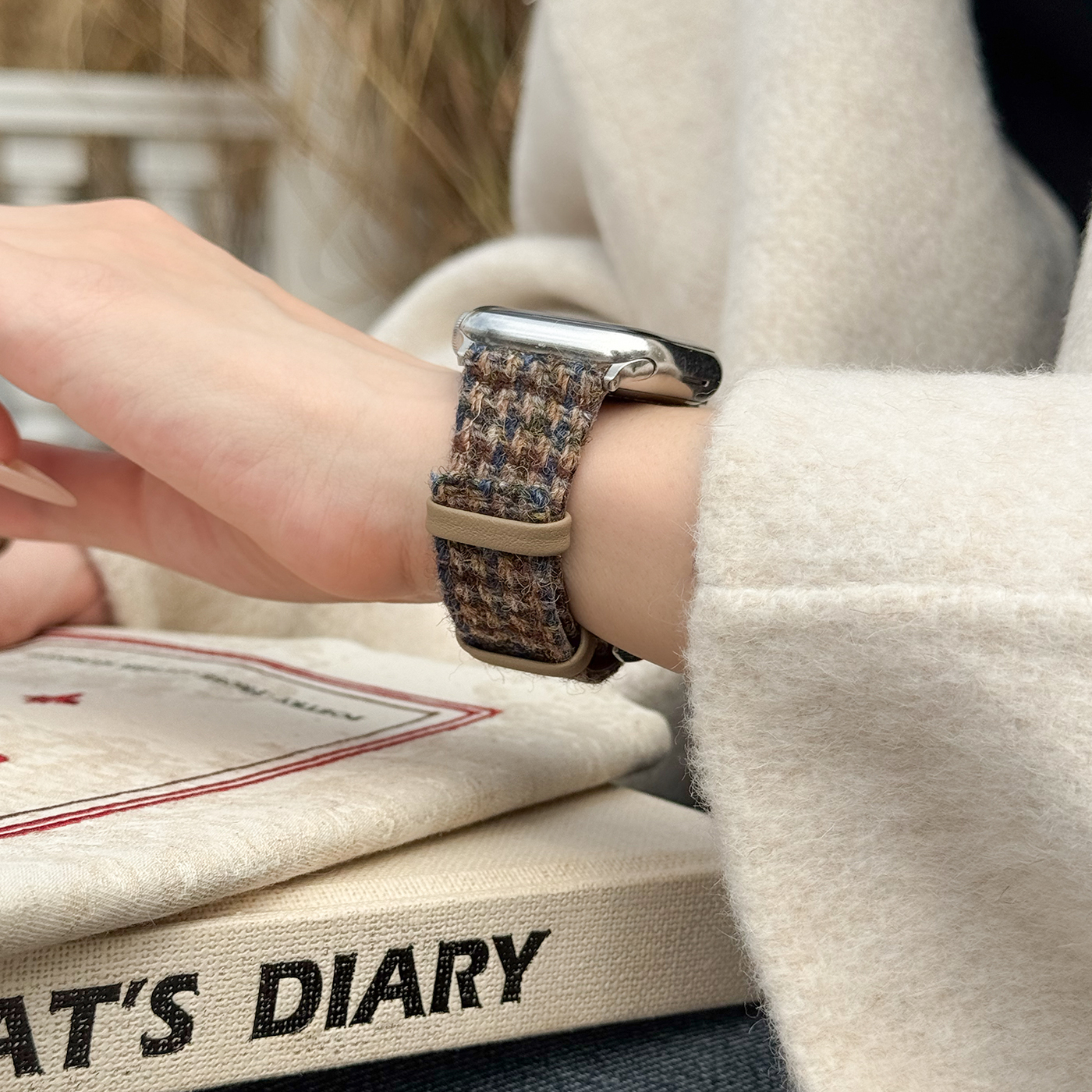 适用iWatch复古毛呢撞色秋冬表带