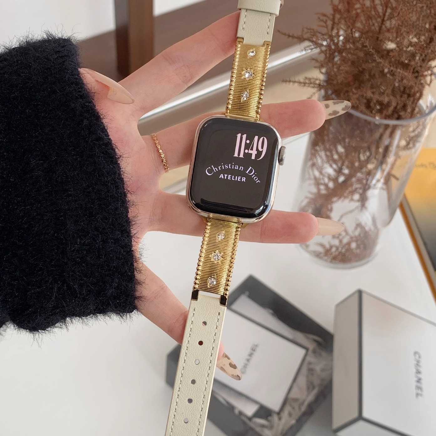 适用苹果手表金属镶钻真皮表带