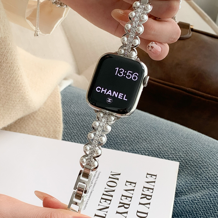 适用iWatch小香风珍珠锆石表带