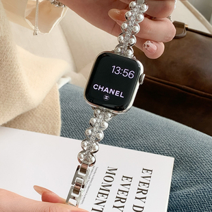 Apple 适用苹果iWatch珍珠锆石镶嵌金属表带 Watch女款 腕带Series10 Ultra KLKL 高级小香风