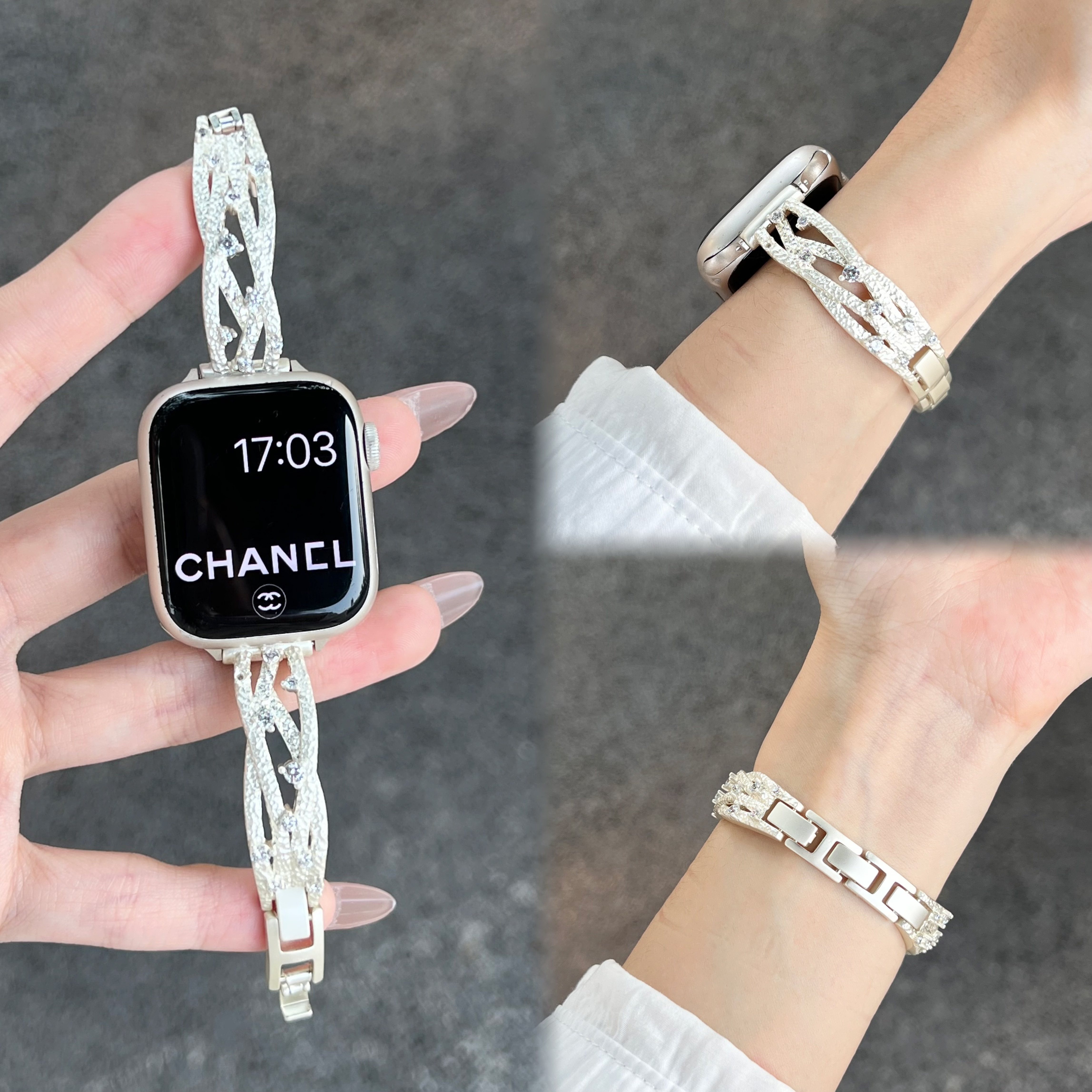 KLKL夏天新款适用苹果金属表带iwatch10/s11透气高级感流光织影锆石链条iwatch9手表表带S8小蛮腰applewatch