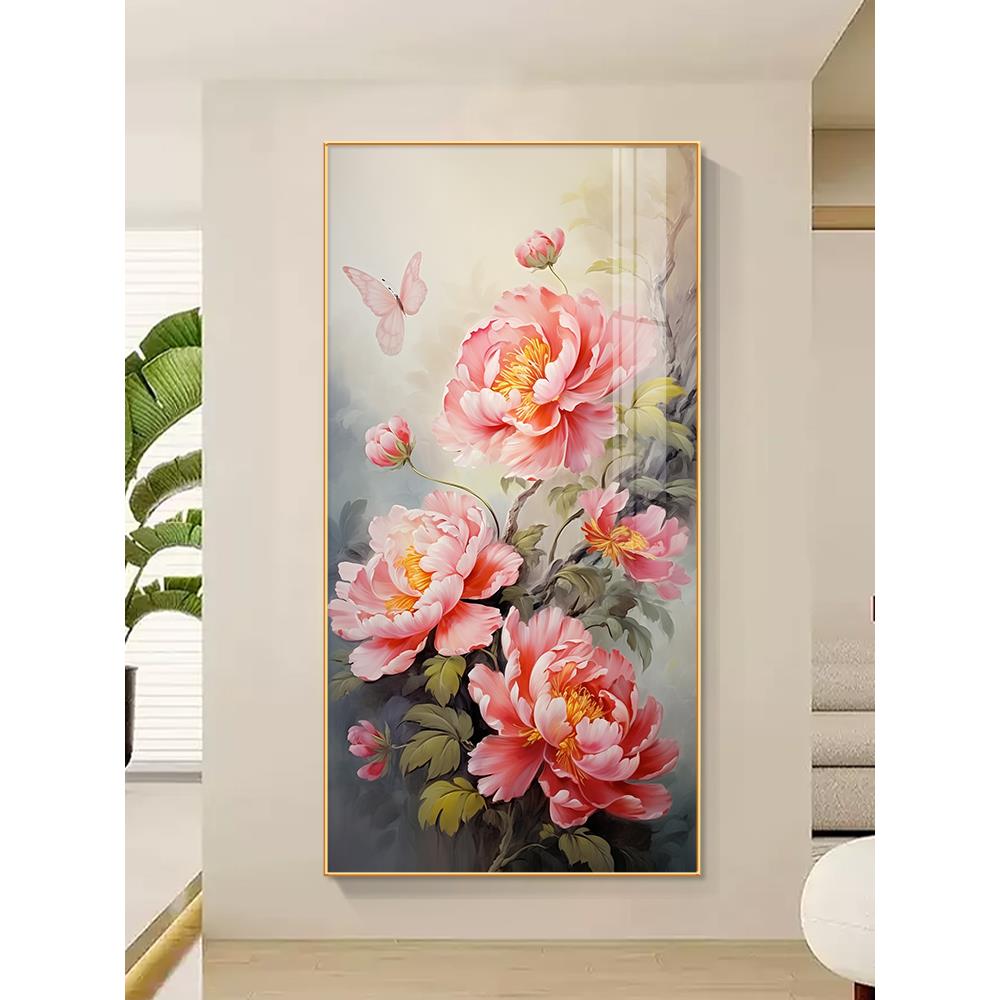 牡丹花入口大厅挂画客厅走廊走廊壁画现代简约花盛开财富垂直装饰图片