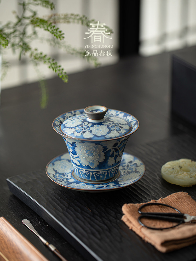 Ru Печь Yuanqing Цветочная чаша Подкова Sancai Крышка чаши Бытовая керамическая чайная чаша Анти-обжигающий чайник Чайный набор Кунг-фу Изображение 1