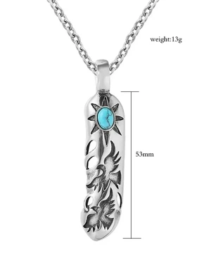 p0183-04 日本高桥五郎复古羽毛松石男女钛钢项链 个性配件吊坠