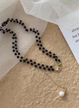 轻奢高级感黑色水晶珍珠项链女夏小众设计颈链网红气质锁骨链项饰