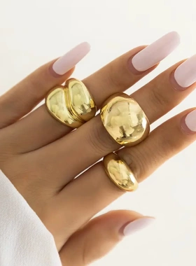 欧美饰品小众潮流设计感几何弧面指环光面戒夸张开口套装戒指