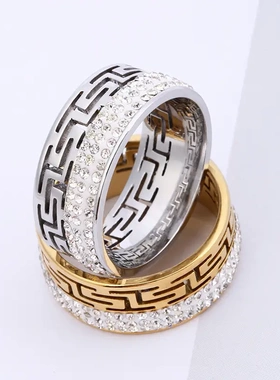 钛钢戒指镂空长城纹镶钻小众高级感不锈钢饰品情侣戒指
