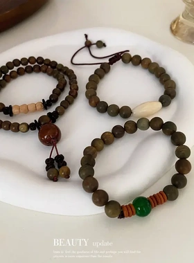 新中式人造檀木菩提串珠弹力手链复古个性气质手串小众设计感手饰