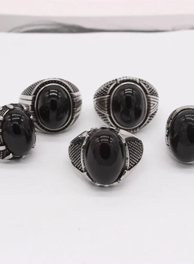 r1537 欧美时尚简约复古椭圆黑宝石男士钛钢戒指