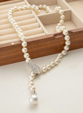法式轻奢锆石树叶珍珠流苏项链时尚百搭高级感秋冬长款毛衣链饰品