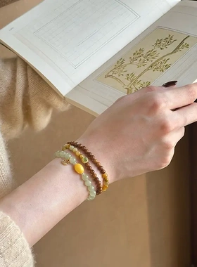 国潮和田玉蜜蜡福字串珠手链轻奢高级感手串新中式复古百搭手饰女