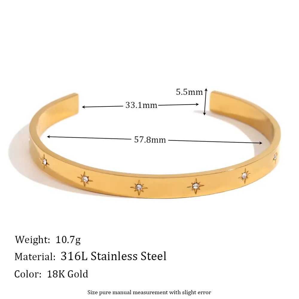 欧美热卖复古百搭简约手饰不锈钢镀18k金开口八芒星锆石手镯