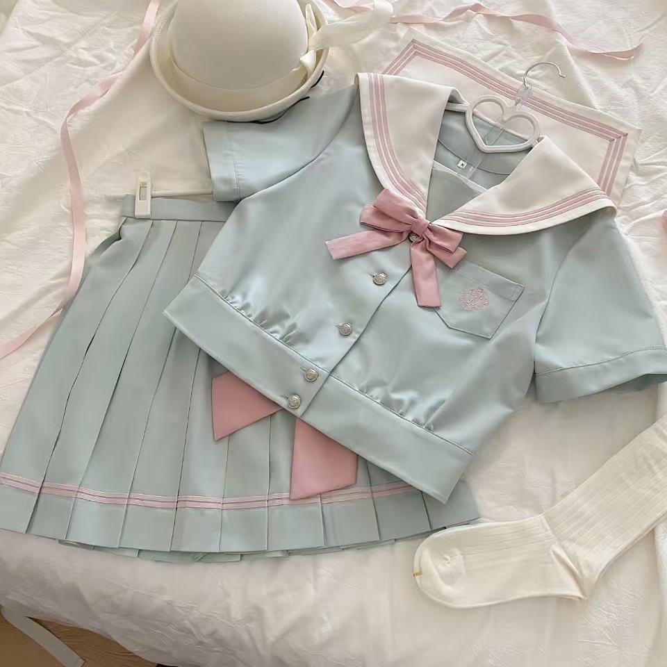 现货 夏季水手JK制服女套装高腰显瘦学生薄荷蓝绿色