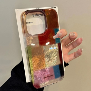 拼接撞色格子适用苹果16promax手机壳新款高级感15韩系创意14简约个性13全包防摔iphone16promax小众女套ins