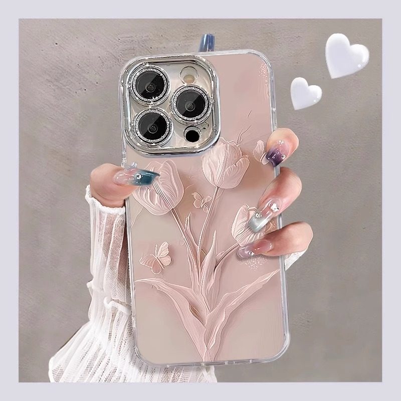 适用iPhone16ProMax手机壳春季新款苹果15pro淡雅唯美粉色奶油郁金香14pm全包镜头13高级感小众女12挂绳11pm