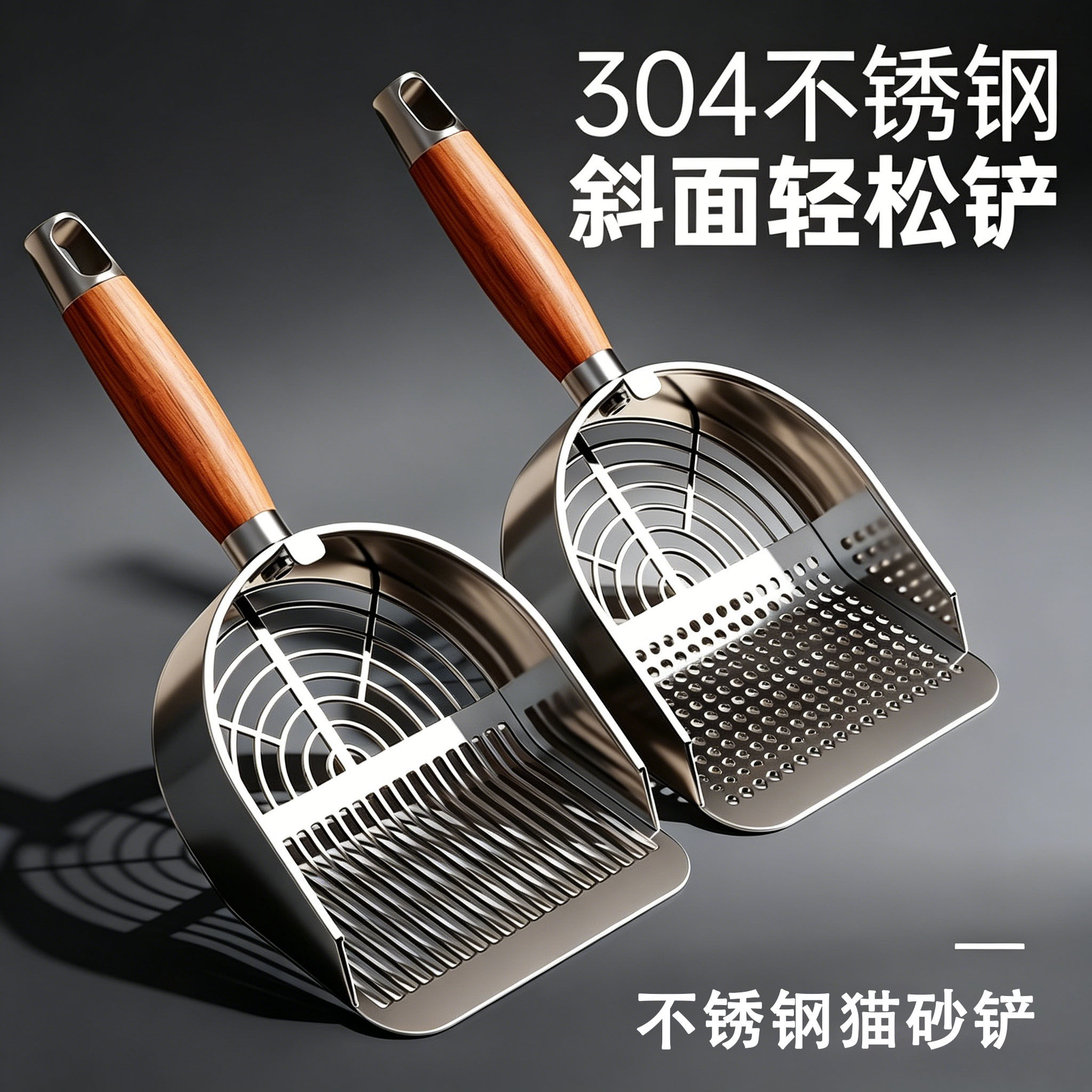 304 不锈钢猫砂铲斜面镂空设计 猫咪铲屎神器 木质手柄耐用不沾砂