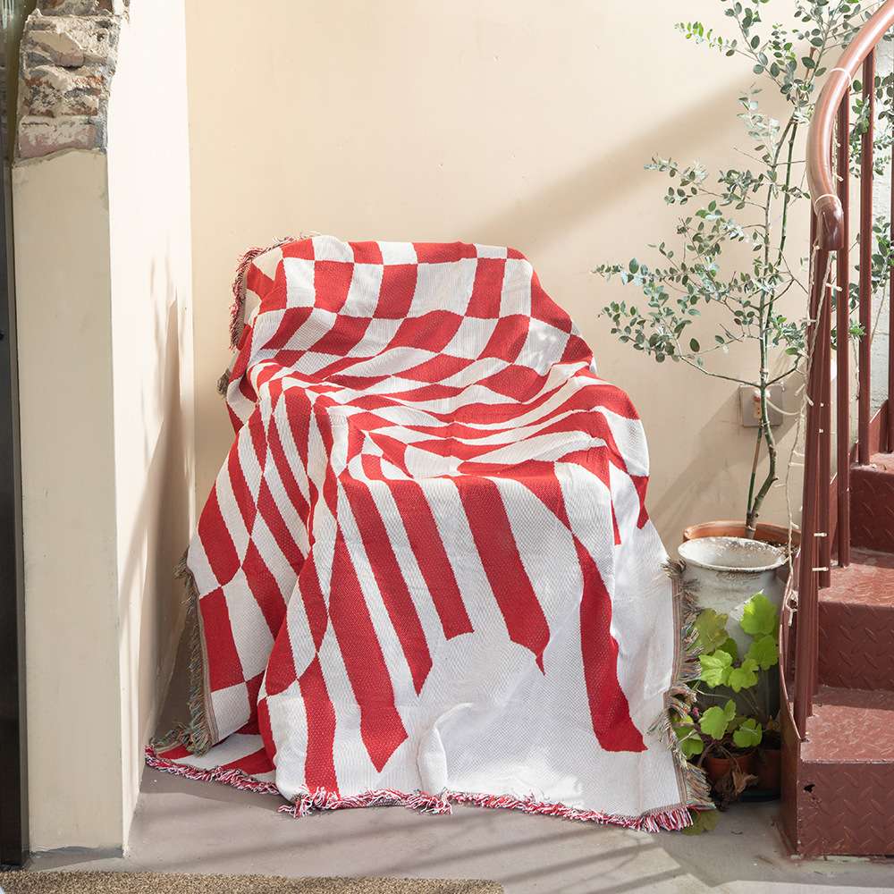 红色棋盘格露营毯线毯沙发毯印第安毯子户外露营线毯camping