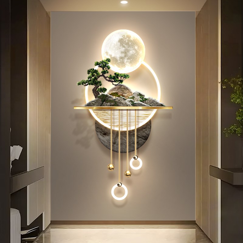 3d立体浮雕玄关装饰画流水生财走廊尽头迎客松山水挂画led壁画灯图片