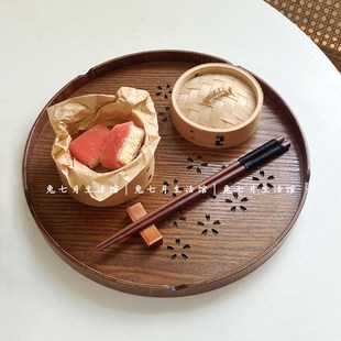 茶具家用 木质茶盘茶具托盘木制圆盘水果盘收纳木盘餐盘日式